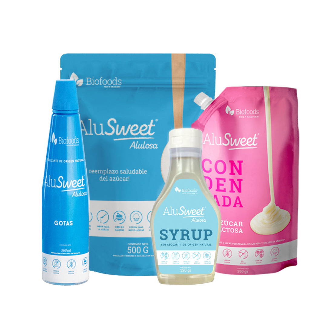 Pack AluSweet: Condensada 390 gr + AluSweet Alulosa 500 gr + Syrup Original 320 grs + Gota Alulosa 360 ml